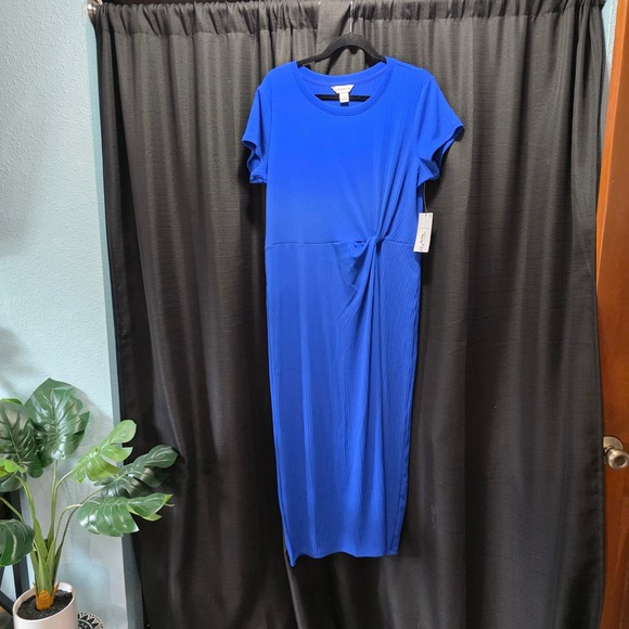 NWT Liz Claiborne Womens Blue Ribbed Side Twist Midi Dress Short Sleeve Size L - Picture 10 of 10